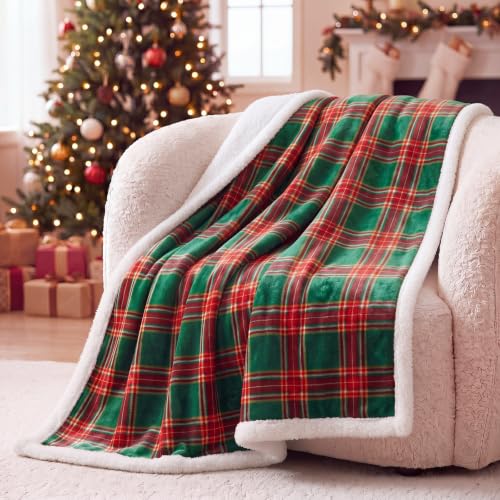 Fanfanwin Christmas Sherpa Throw Blanket, Tartan Plaid in Red & Green - 50x60