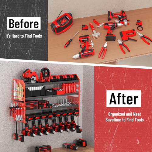 VeyFolzin Red Power Tool Organizer Wall Mount with Charging Station - Heavy Duty Metal, 4 Layers, 8 Drill Slots, 4-Outlet Power Strip
