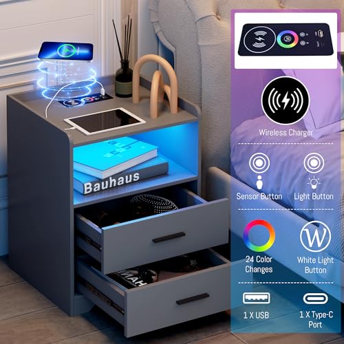 RGB Nightstand with Charging Station - Grey, 3 Layers, Smart Bedside Table