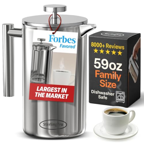 Mirror Finish 64oz Extra Large Stainless Steel French Press Coffee Maker, 16 Cups