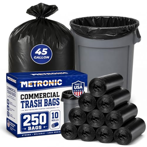 METRONIC 45 Gallon Black Trash Bags Bulk Pack 250 Count - Fits Standard Cans