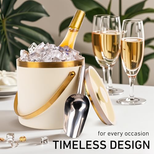 Beige-White 3L Double Wall Insulated Stainless Steel Ice Bucket with Scoop - Party Bar Accessory
