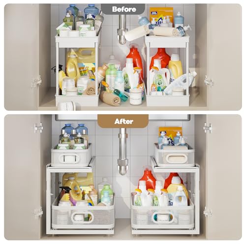 Corbyles White 2-Pack Under Sink Organizer with Adjustable Height, Mesh Drawers & Ball-Bearing Slides - 15.5"D x 12.4"-16.5"H