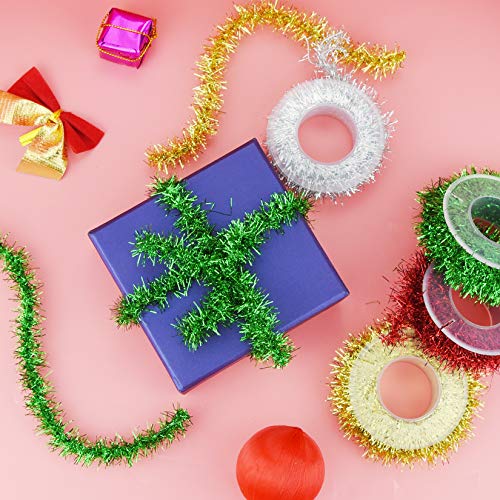 Tongcloud Metallic Tinsel Ribbon Set - 4 Rolls 9.8ft Christmas Garland in Gold, Red, Green, Silver