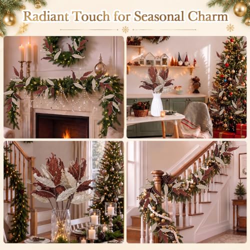 HyDren 10 Pcs Christmas Glitter Leaves Ornaments, Gold & Brown, Festive Decorations
