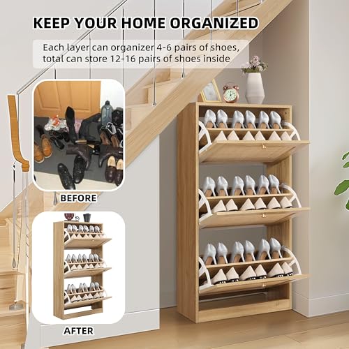 Natural Rattan 3-Tier Shoe Cabinet with Flip Drawers & Large Top Storage