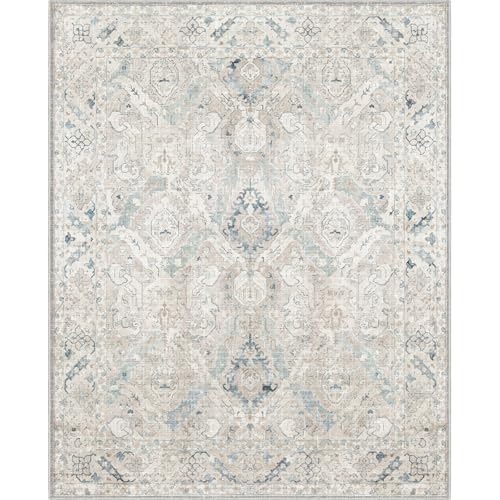 8x10 Indoor Area Rug - Vintage Retro Non-Slip Washable Chenille Home Carpet - Grey/Blue/Teal/Green/Tan - Lightweight, Low Pile, Perfect for Living Room & Bedroom (Warm Grey/Blue, Rectangular)