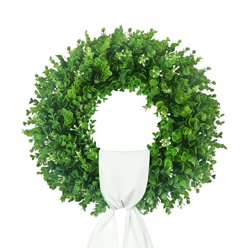 20'' Boxwood Wreath with White Sash - Artificial Front Door Decor