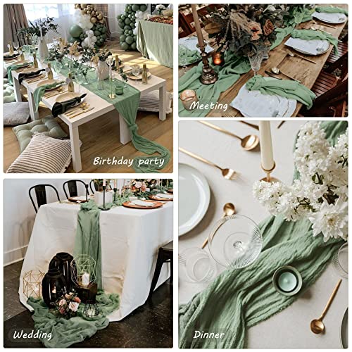Dusty Sage Green Cheesecloth Table Runner 35x120 Inches for Boho Wedding & Party Decor - Set of 12