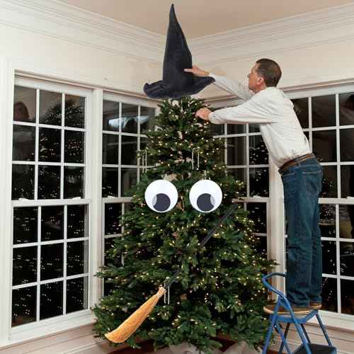 Gejoy 3 Pcs Halloween Tree Topper Witch Hat Decor Include Large Witch Hat Self Adhesive Wiggle Giant Googly Eyes and Reversible Broom for Halloween Christmas Tree Decor Masquerade Party Decoration