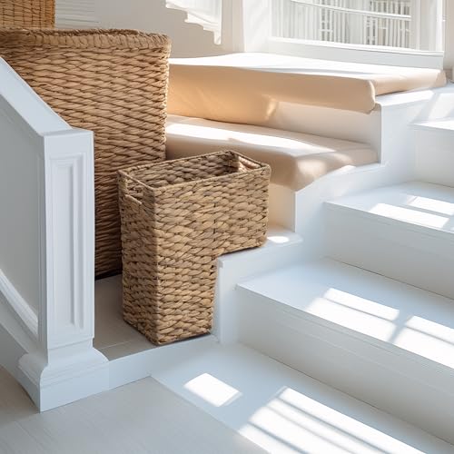 Water Hyacinth Stair Basket with Handles - Handmade Woven Storage for Carpeted & Wooden Stairs