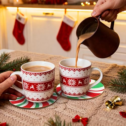 UPINS 8 Pcs Christmas Coasters for Drinks,Wooden Christmas Drink Coasters Red and Green Candy Pattern Table Coasters Holiday Xmas Decor for Home Party Gift