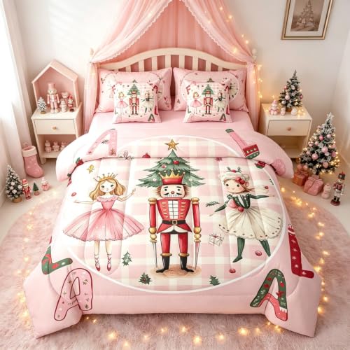 Pink Christmas Bed in a Bag Queen 7-Piece Comforter Set with Sheets – Nutcracker Theme