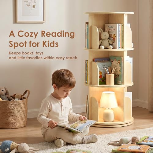 Shaneroady 3-Tier Wooden Rotating Bookshelf for Kids - 360° Spinning Bookcase