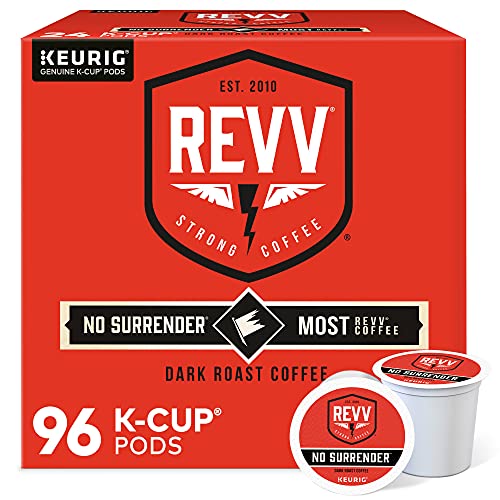 Revv No Surrender Dark Roast Coffee Pods - 96 Count, Keurig Compatible, Recyclable, Kosher