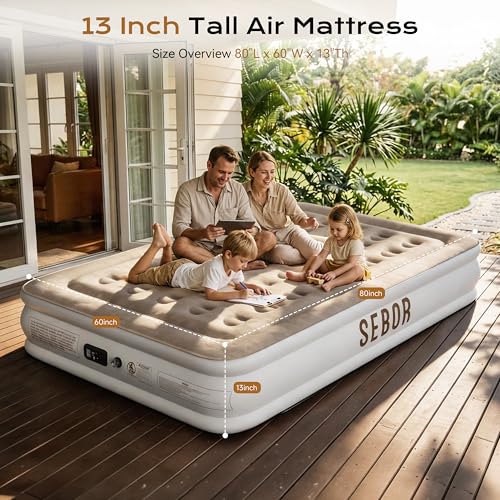 Sebor Queen Air Mattress Khaki White 13-Inch Raised Blow Up Bed with Built-in Pump