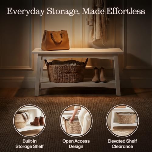 White Entryway Bench with Storage Shelf - 36-Inch Modern Farmhouse Shoe Organizer