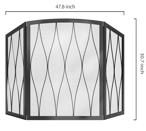 Kingson 3-Panel Childproof Fireplace Screen - Heavy Duty Wrought Iron Spark Guard, Foldable Black Mesh Cover for Living Room