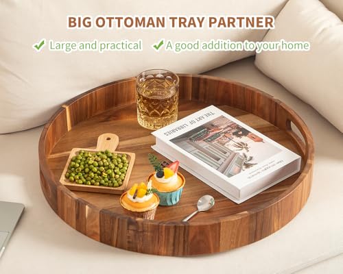 22-Inch Round Acacia Wood Ottoman Serving Tray with Handles - Large Decorative Organizer