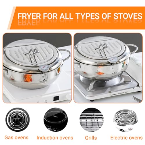 BEIYUANYA 4.2L Stainless Steel Deep Fryer Pot with Thermometer & Oil Drain Rack