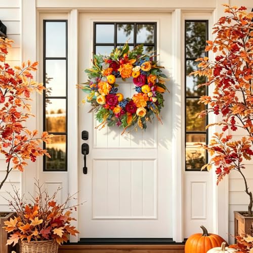 Artificial Fall Wreath for Front Door with Burgundy Roses & Orange Peony - 24 Inch