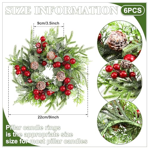 Lyrow 6 Pcs Christmas Candle Ring Wreath Small Kitchen Table Decor - Faux Berries & Pinecones