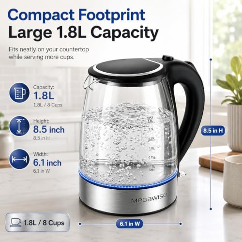 MEGAWISE 1.8L Glass Electric Kettle with Auto Shut-Off & Boil-Dry Protection – Clear Water Level View, 1-Glass Kettle