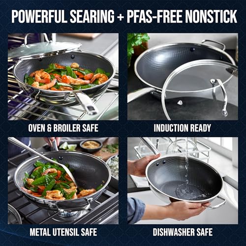 Blue Diamond Hybrid Nonstick Stainless Steel 12” Wok with Lid,