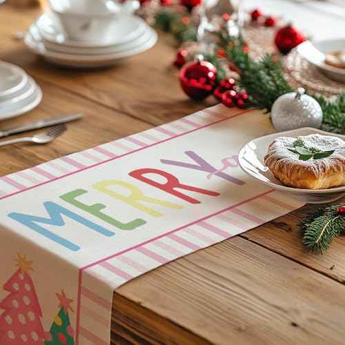 GEEORY Christmas Table Runner 13x60 Inch, Striped Trees Merry and Bright Xmas Decorative Farmhouse Table Decoration for Kitchen Dinning, Indoor Outdoor Dinner Party (Pink) GT125-60