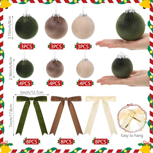 Riceshoot 44 Pcs Velvet Christmas Ornaments Set with 20 Balls & 24 Bows - Multicolor (Green, Brown, Neutral)