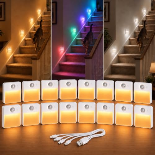 16 Pack Rechargeable RGBW Magnetic Motion Sensor Night Lights for Stairs, Cabinets, Hallways, White