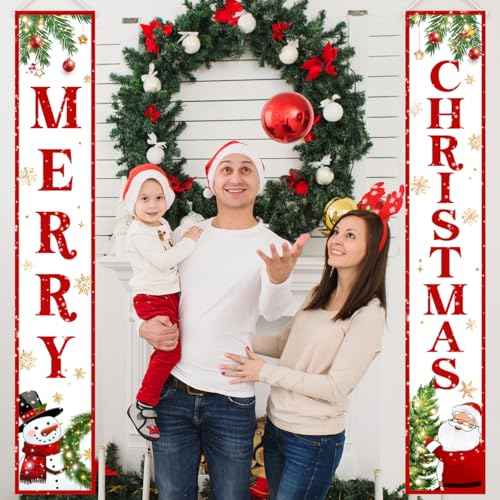 Christmas Door Banner-Christmas Outdoor Decorations Outdoor Santa Claus Snowman Merry Christmas Porch Sign Red Xmas Party Supplies