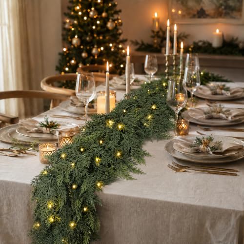 9FT Prelit Cedar Garland with Lights - Green Christmas Decor, Battery Operated