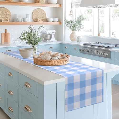 yuboo Light Blue Gingham Table Runner, Summer Blue and White Buffalo Plaid Check Table Cloth 72 inches Long, Fall Table Decor Party Supplies, Farmhouse Baby Shower Birthday Christmas Decorations