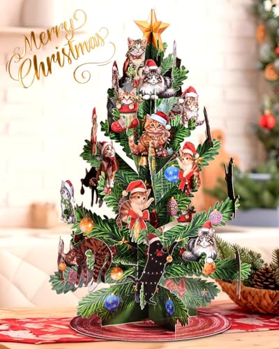 Meowry Christmas Cats Theme Pop Up Christmas Card with Envelope - Cute Holiday Greeting for Cat Lovers