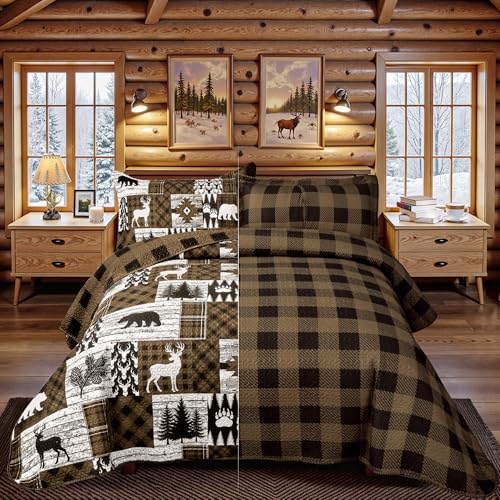 Bear Brown Reversible California King Quilt Set with Sham, Rustic Farmhouse Bedding
