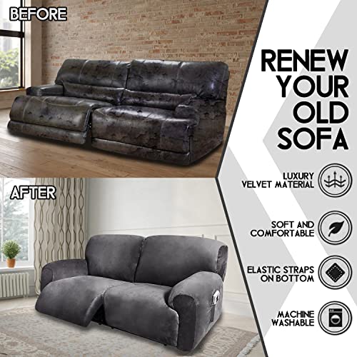 ULTICOR Dark Grey Extra Wide 75-100" 2-Seater Reclining Velvet Sofa Slipcover, 6-Piece, Washable