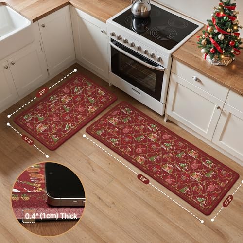 GENIMO Christmas Kitchen Rugs Set 2PCS Waterproof Anti-Fatigue Floor Mats, Red, 17.3x59 & 17.3x30 Inches