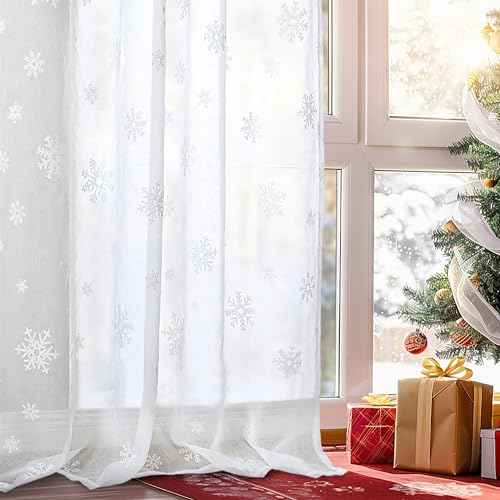 BGment Christmas Curtains for Living Room 84 Inches Long 2 Panels - Snowflake Linen Look Sheer White Curtains Rod Pocket Window Drapes for Bedroom Xmas Holiday Decoration, Each Panel 52 x 84 Inch