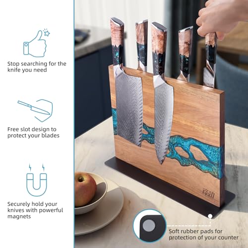 Magnetic Knife Block - Double-Sided Acacia Wood & Blue Resin Holder - 12x10 Inches - Blue