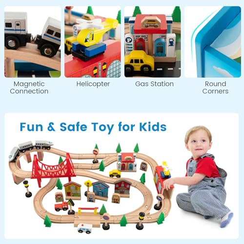 Costzon Wooden Train Table for Kids 32.5 x 23.5 x 16 Inches with 80-Piece Playset, Reversible & Detachable Surface, Multi-Color