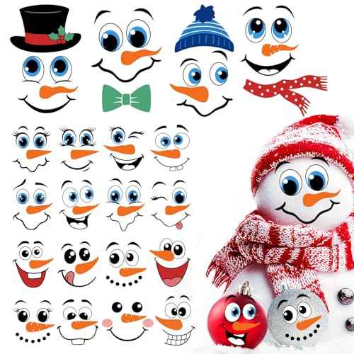 36pcs Snowman Face Stickers for Crafts Christmas Ornaments, Vinyl Rub on Transfers UV Decals, Cute Snowman Face Stickers for Xmas Winter Holiday Window Glass Cups Balls Jars Home Decorations