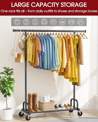 Sakugi Large-Capacity Metal Clothes Rack with Lockable Wheels, 45.6 x 16.9 x 59 inches, Black - 1 Rod