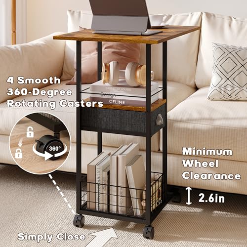 Black Large Rolling C-Shaped Side Table with Drawer & Wheels
