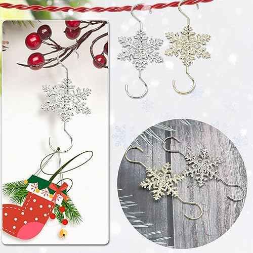 Ornament Hooks for Hanging Decorations, 20 PCS Gold Snowflake S-shaped Hangers - Swirl Christmas Tree Hangers with Crystal Beaded Tips for Small Ornaments