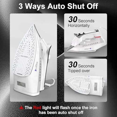 MARTISAN White Steam Iron 1800W Nano Ceramic Soleplate, Anti-Drip & Auto-Off