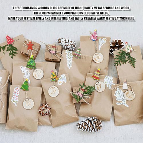 Mini Christmas Claw Clips 30pcs Wooden Photo Clips with Twine for Crafts & Decorations