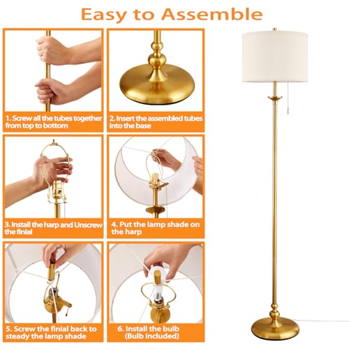 Luvkczc 60-Inch Gold Floor Lamp with Fabric Shade - Modern Living Room Lighting