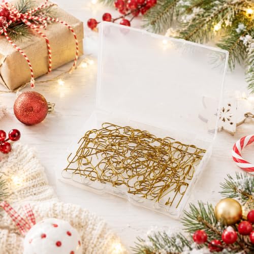 VueuKiGE Gold Christmas Ornament Hooks 100pcs with Storage Box - Small Metal Wire Hangers for Tree Decorations