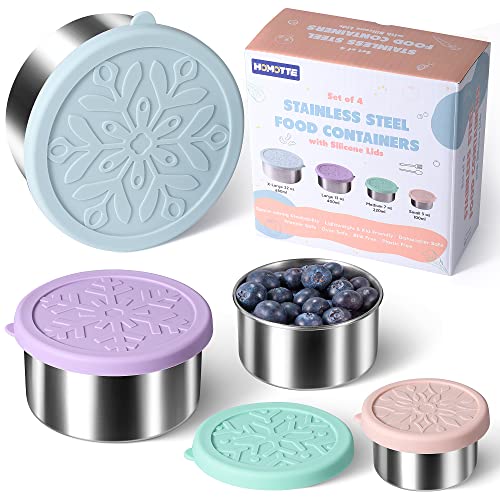 Homotte 4 Pack Stainless Steel Snack & Lunch Containers Set - Light Pink, Green, Purple, Blue, 4 Sizes